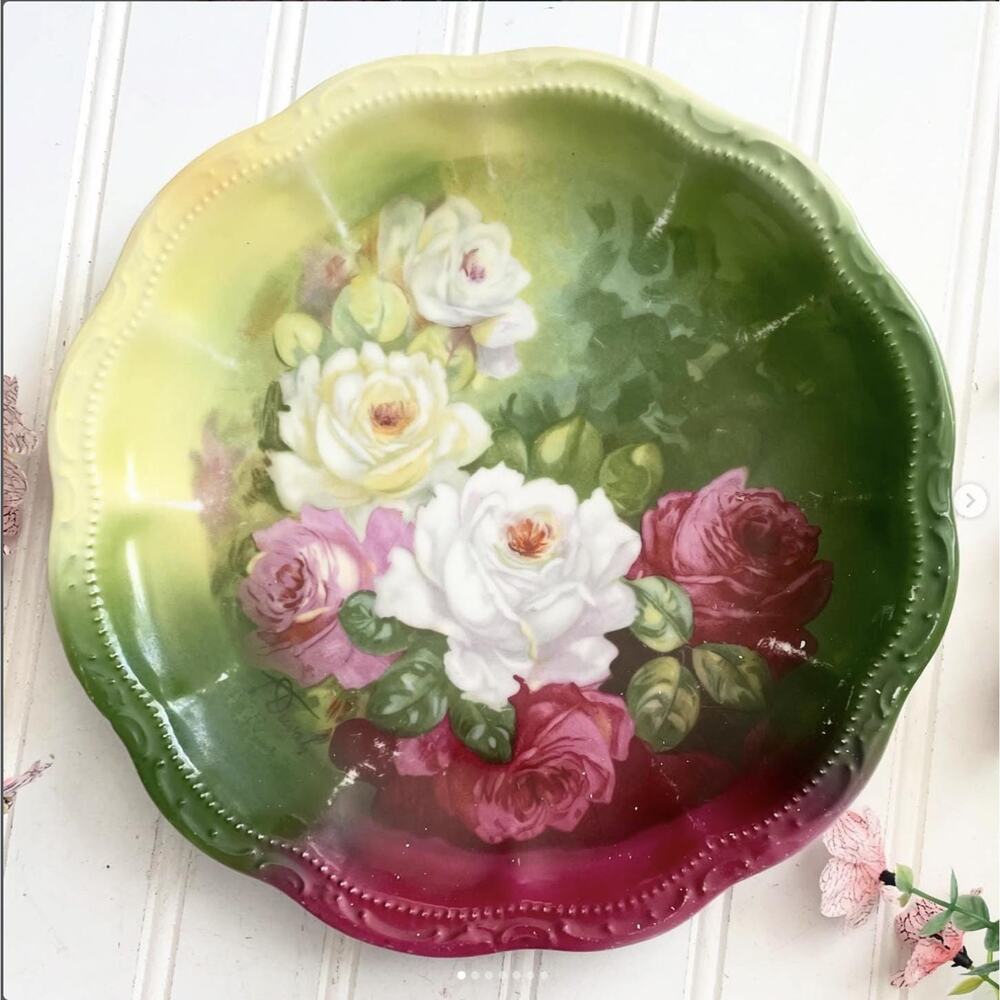 Vintage Porcelain Floral Flowers Plate Three Crown China Germany Gallery Wall
